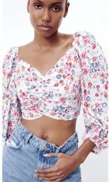 NEW ZARA LINEN BLEND FLORAL PRINT CROP‎ TOP SIZE M RUCHED V NECK BALLOON …