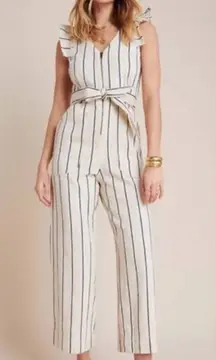 Anthropologie Hedda White Striped Denim Sleeveless Belted Ruffle Jumpsuit