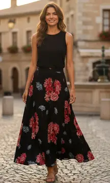 Jones New York Woman 14W Silk Floral Maxi Skirt Black Pink Blue Boho Cottagecore
