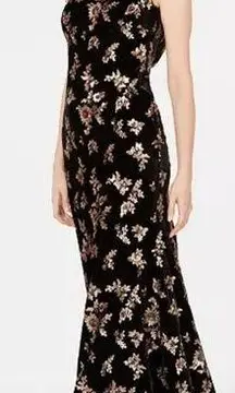 Calvin Klein Gold Sequin Floral Cluster Velvet Draped Back Black Gown