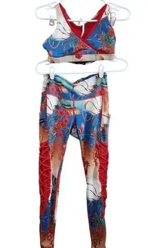 Iron Yokai Erin Sports Bra & Legging Matching Set Gym Floral Bird Red Medium