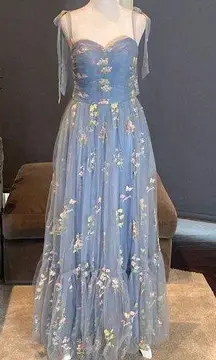 Women’s Blue Prom Party Dress Embroidered Flowers Butterflies Corset Back Size 4