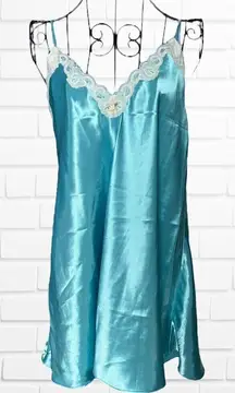 L.A. Intimates Blue Slip Dress Medium Flower Lace Satin‎