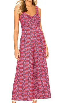 Tularosa X Revolve Embroidered Wide Leg Jumpsuit Red and Pink Patterned Cropped