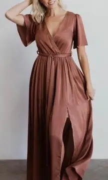 Baltic Born  Sicily Satin Maxi Dress Small Maeve Brown Tie Thigh Slit Cocktail