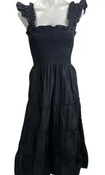 Quince Black Ruffle Smocked Square Neck Tiered Sleeveless A Line Midi Dress XS