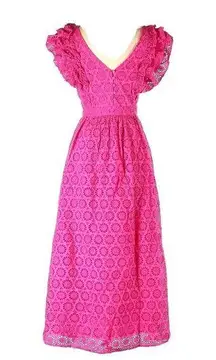 J.Crew NWT  Ruffle-sleeve Maxi in Neon Flamingo Pink Eyelet Dress 0