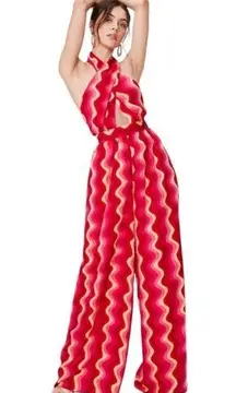 Nasty Gal Wave Print Halter Neck Wide Leg Jumpsuit Size 8 New With Tags