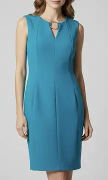 Calvin Klein Teal Scuba Sleeveless V Neck Gold Ring Sheath Dress Size 8
