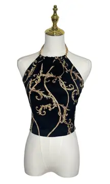 Rachel Zoe Halter Top Chain Strap Baroque Print‎ Party Black Gold Size M #1161
