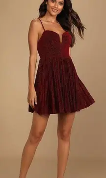 Lulus Shine Tonight Red Sparkly Pleated Skater Dress new year’s