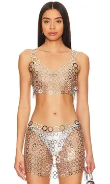h:ours Womens Metal Top in Silver Large New Cropped Chainmail tank