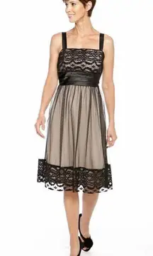 New! R&M RICHARDS Sequin Lace Bodice Tie-Waist Mesh Overlay Dress Black/Taupe 8