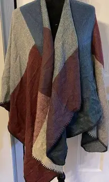 Saks Fifth Avenue Open Shawl Poncho Knit Gray Burgundy Blue One Size