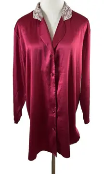 Victoria's Secret Satin Sleep Shirt P/S Red Lace Trim Button Down Nightgown Robe