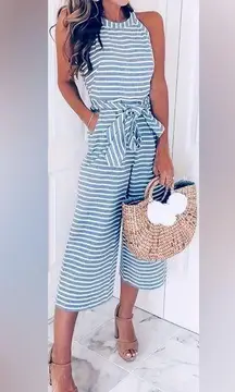 Women's Striped Sleeveless Halter Top Jumpsuit with Belt - Size 4X. Blue/White