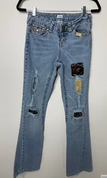 Cache Women's Vintage 90s Bootcut Flare Light Wash Distressed Patchwork Jeans 6