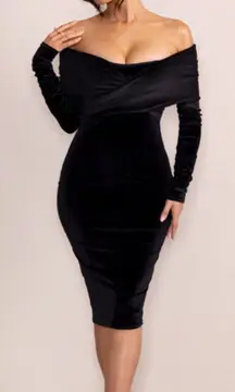 CLUB L Flatter Me Velvet Bardot Midi Dress Black NWT (UK‎ 8) US 4
