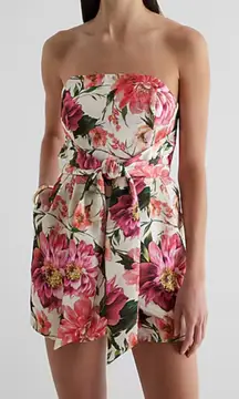 Express Satin Floral Strapless Tie Waist Romper Pink Size 12 NWOT