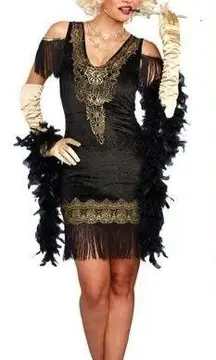 Dreamgirl Swanky Flapper Dress Up Black Gold Costume Fringe Medium