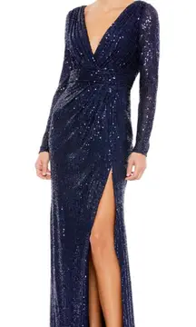 Mac Duggal 26490 Midnight Sequin Long Sleeve Faux Wrap Formal Gown‎ NWT