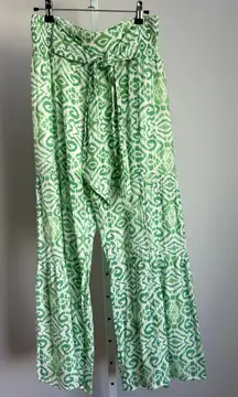 Nanette Lepore‎ Green White Print Palazzo Pants Smocked Waist Tie Size S