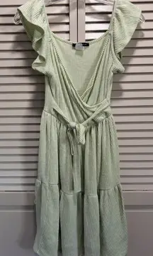 Caution To The Wind Green/White Stripe Ruffle Straps Short‎ Dress Size Medium