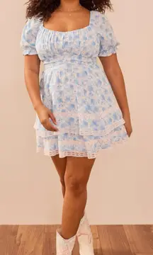 Arula Floral Mini Dress Lined Puff Sleeves Lace Trim Detail Bow Tie 0X Coquette