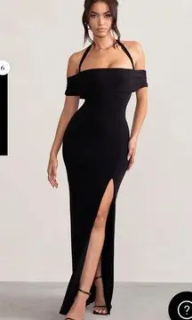 ANISA BLACK HALTER NECK BARDOT MAXI DRESS WITH THIGH SPLIT