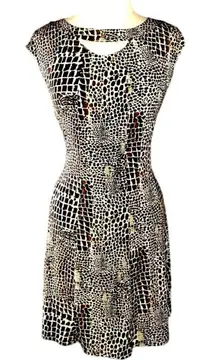 GABBY SKYE Size L A-Line Dress Brown Beige Animal Print Stretch Cap Sleeve
