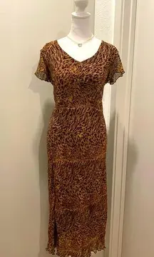 VTG 90s A.M.I. Brown & Tan Animal Print Short Sleeve V-Neck Maxi Dress - L