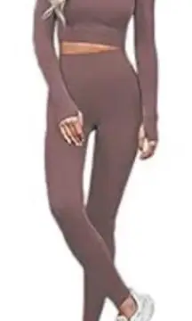 Seamless Ribbed Mauve Pink Long Sleeve Crop Top and Leggings Workout Set, Size S