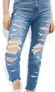 NWT American Eagle Stretch High Rise Ripped Mom Jeans Indigo Shatter 6 Short