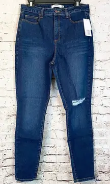 Justfab Womens Blue Distressed Shaping Stretch High Waisted Tummy Tame Jeans 32