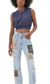 BDG High Waisted Cowboy Jeans Printed Patchwork Distressed Boho  Straight Leg 26