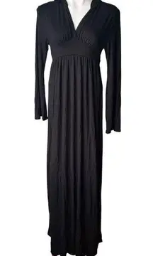 NWT, Earthbound Trading Black Jersey Knit Hooded Empire Waist Maxi Dress, Sz S