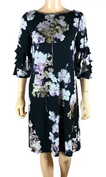 Gabby Skye Black Floral 3/4 Ruffle sleeve knee-length A-line dress 4