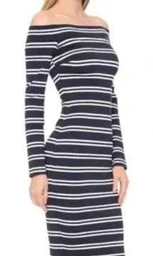 Bec & Bridge Ahoy Long Sleeve Off the Shoulder Midi Dress in Ink Stripe Size 8