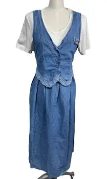 Vtg 90s Alexandra Lee‎ Denim Prairie Jumper Dress Lace Trim Tie Back Women's XL