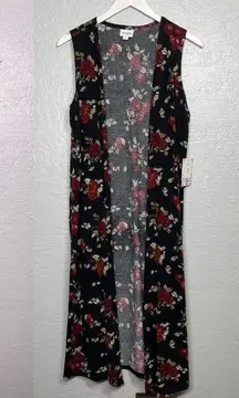 Women S Joy Duster Vest Black Red Yellow Floral Print Long Open Front