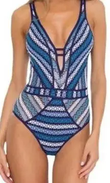 NWOT Becca Driftwood Show & Tell Plunge One Piece Crochet Swimsuit Large Blue