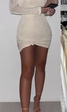 Jluxlabel Jayda Cream Ivory Long Sleeve Knot Front High Neck Mini Dress