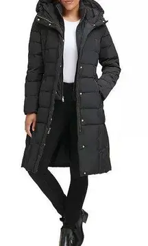 Women's Black Knee Length Hooded Quilted Down Coat Jacket