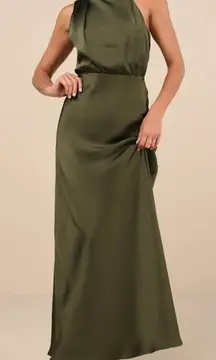 Lulus NWT Distinctive Charm Olive Green Satin Asymmetrical A-Line Maxi Dress