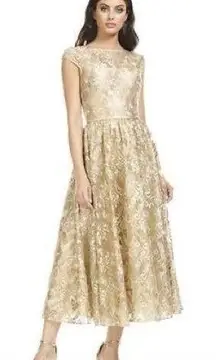 Theia Gold Metallic Guipure Floral Embroidered Party Dress Gown