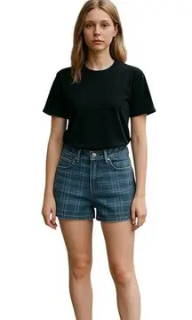 Tractr Women’s High Waist 3” Shorts Blue White Denim Gingham size 4 NWT