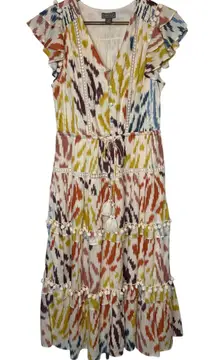 J. Crew Point Sur Cotton Voile Tiered Midi Dress Pom Pom Flutter Sleeve, size 4