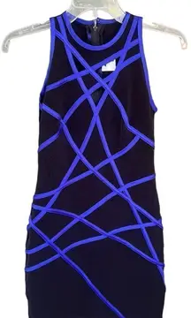 Vintage Tadashi Black bodycon blue stitched ribbon dress 2