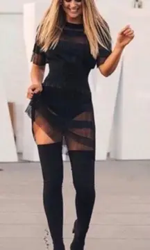 Tony Bianco Dimity Thigh High Stretch Boots Size 8 Black Pointed Toe Block Heel