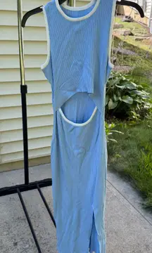 Women's Light Blue Ribbed Midi Dress with cut out waist